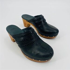 UGG 8 Black Embellsihed Trip Block Heel Slip On Suede Clogs